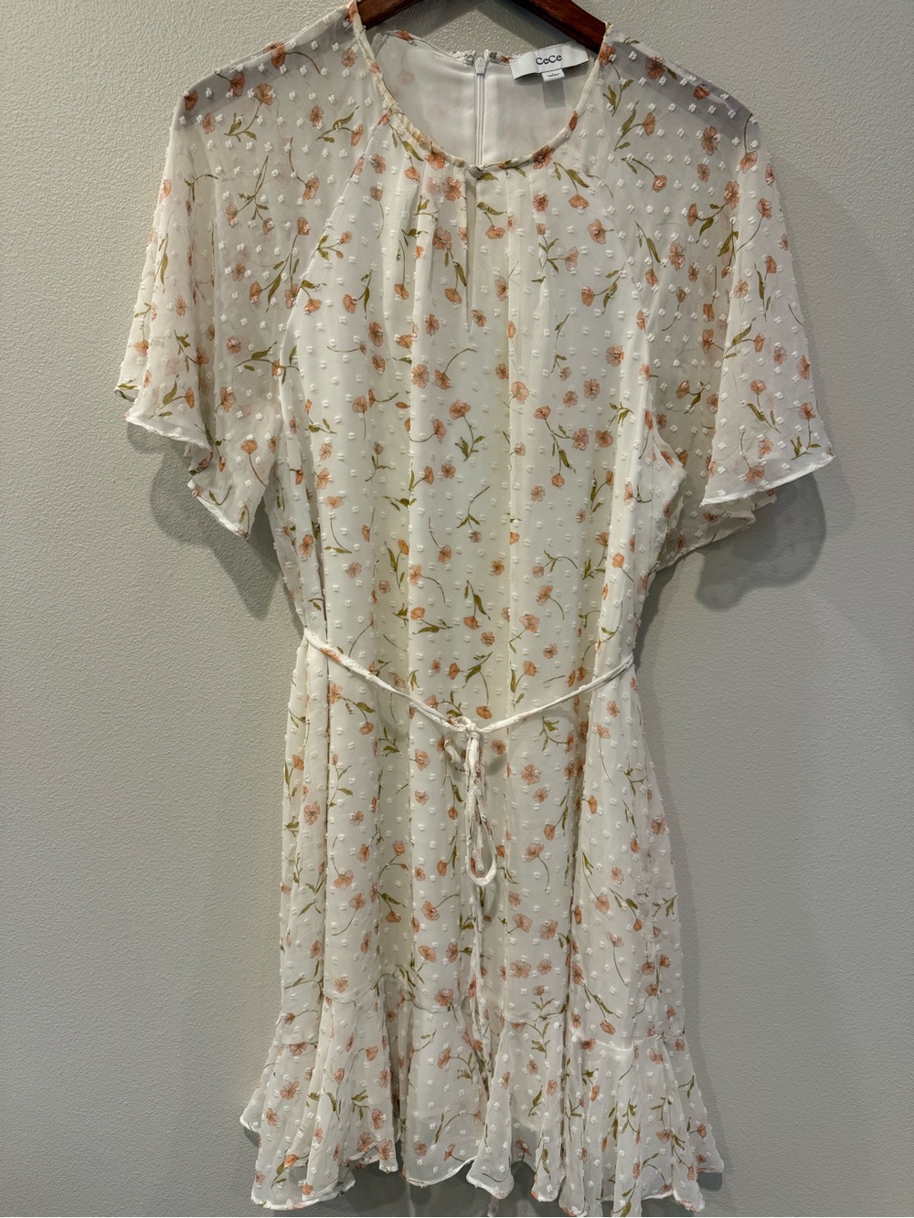 CeCe Raglan Fluted Hem Mini Skater Cream and Peach Floral Dress